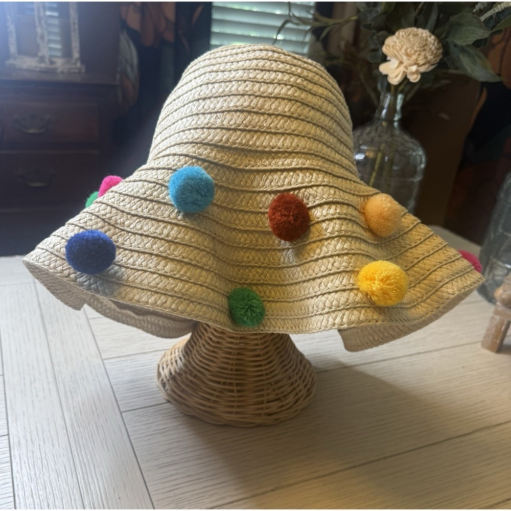 Betsey Johnson Floppy Sun Beach Hat with Multicolored‎ Pom Pom's One Size